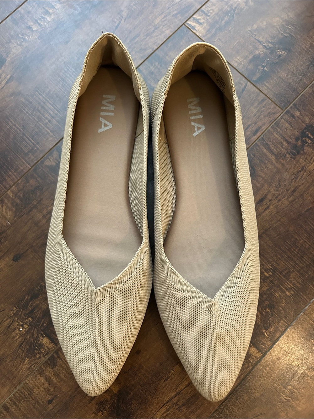 MIA Pointed-Toe Knit Ballet Flats in Beige